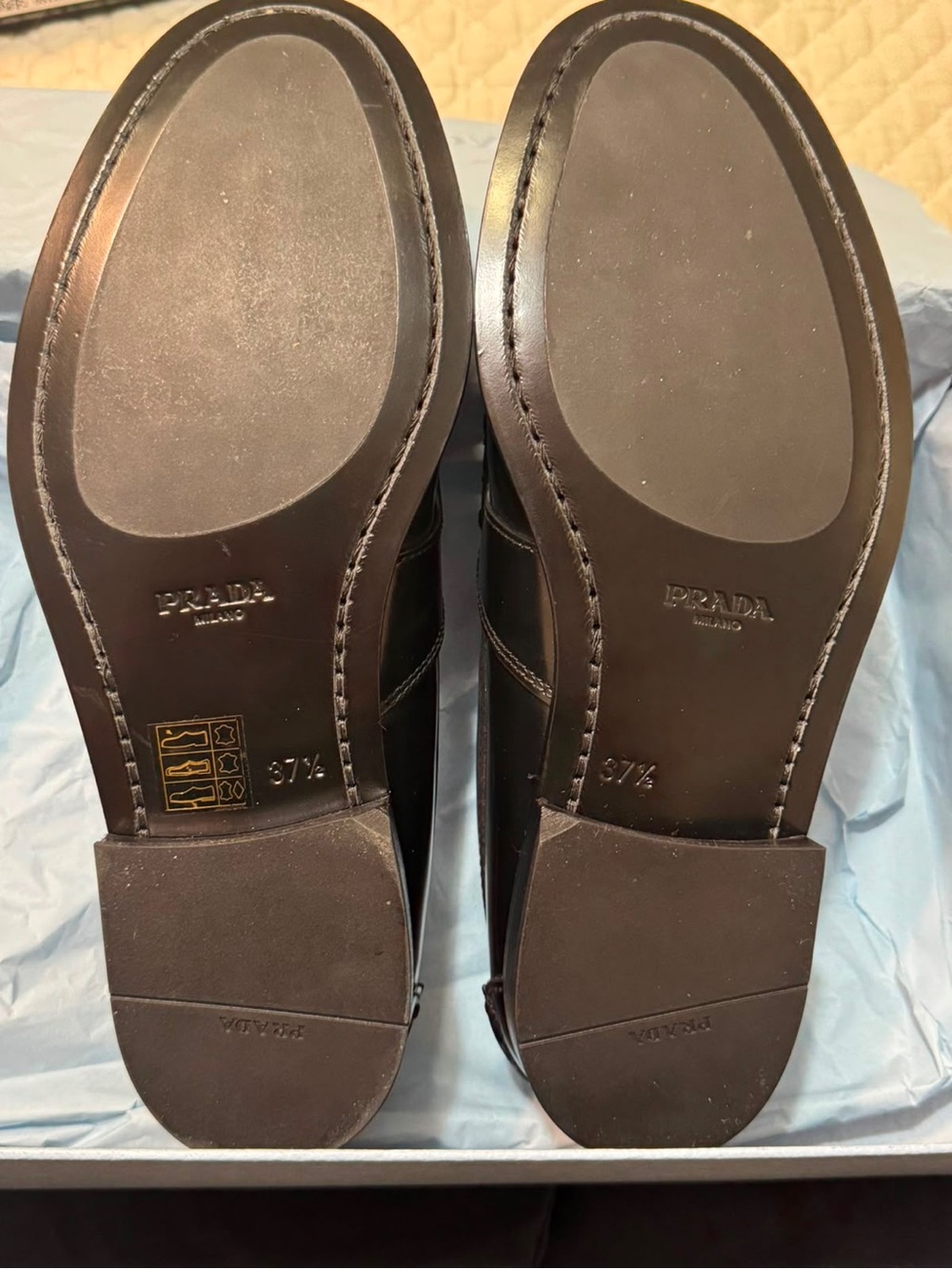 Prada Black Leather Penny Loafers with Gold Logo Hardware - Picture 8 of 12
